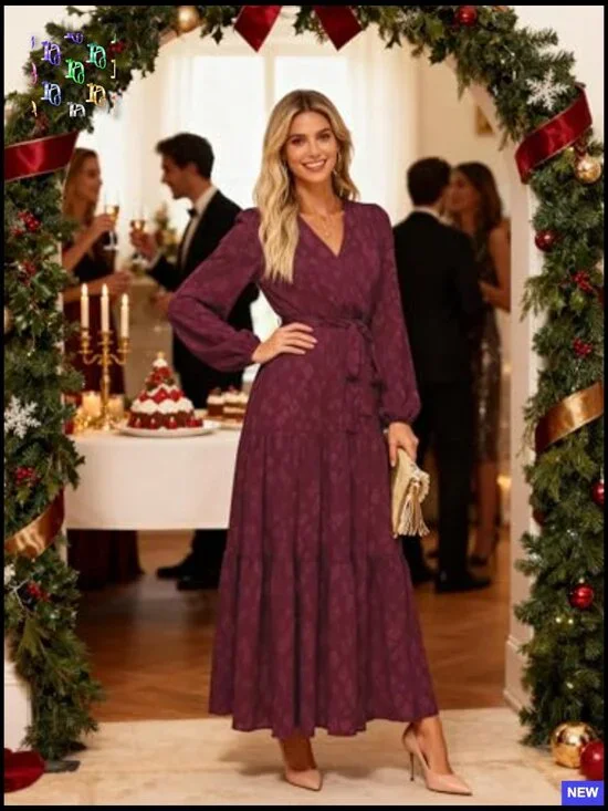 Long Sleeve Wrap V Neck Floral Maxi Dress Boho Chiffon Flowy Tie Waist - Picture 3 of 7
